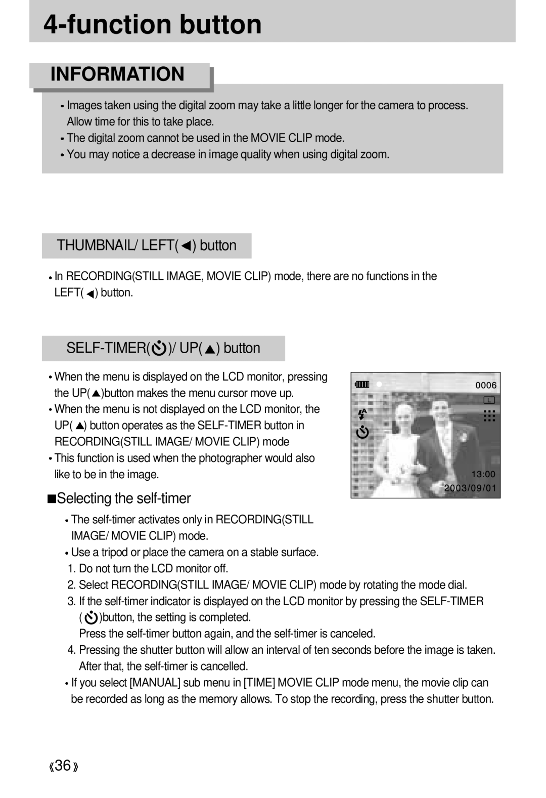 Samsung EC-D330ZSBA/E1 manual THUMBNAIL/ Left button, SELF-TIMER / UP button, Selecting the self-timer 