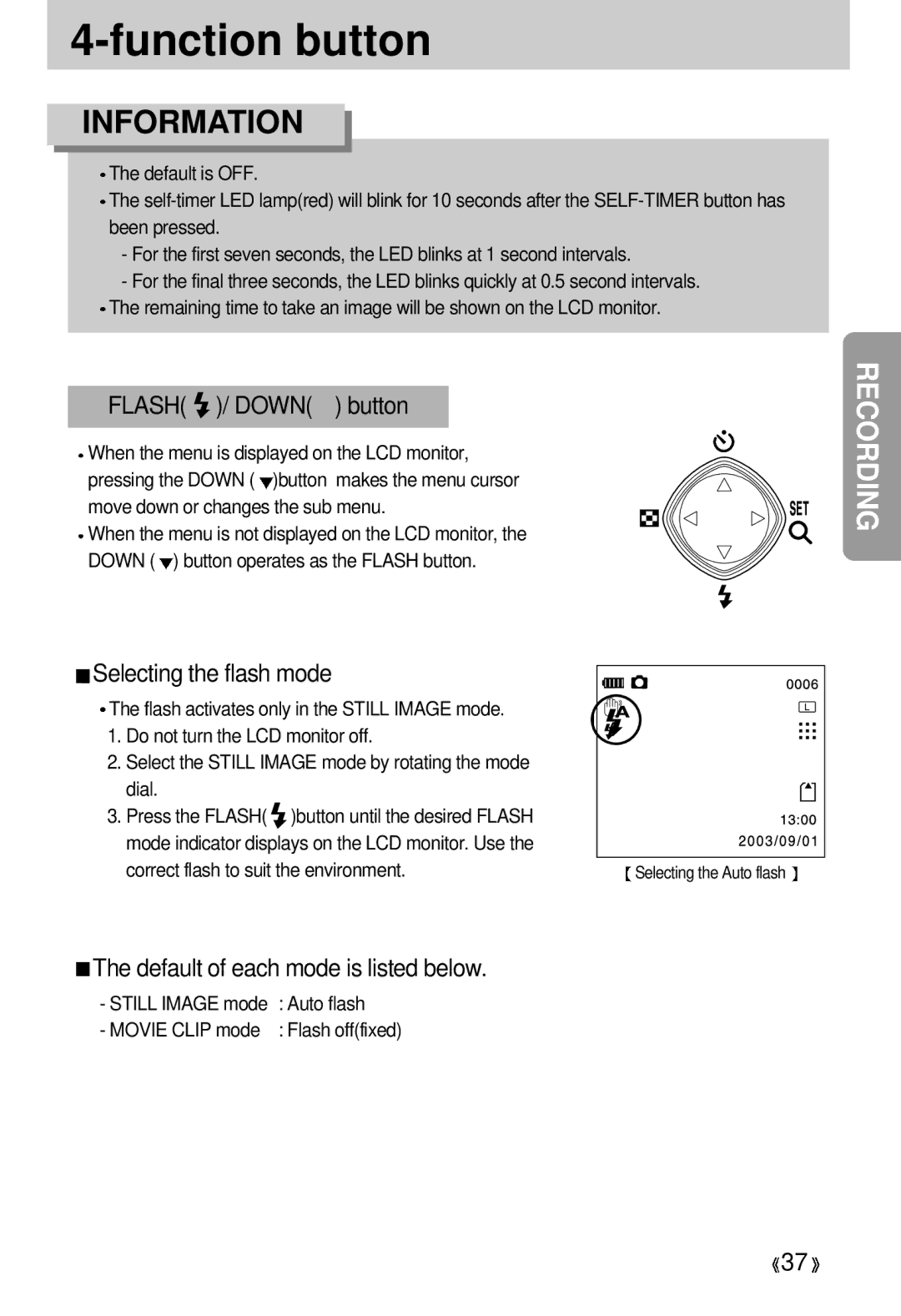 Samsung EC-D330ZSBA/E1 manual Flash / Down button, Selecting the flash mode, Default of each mode is listed below 