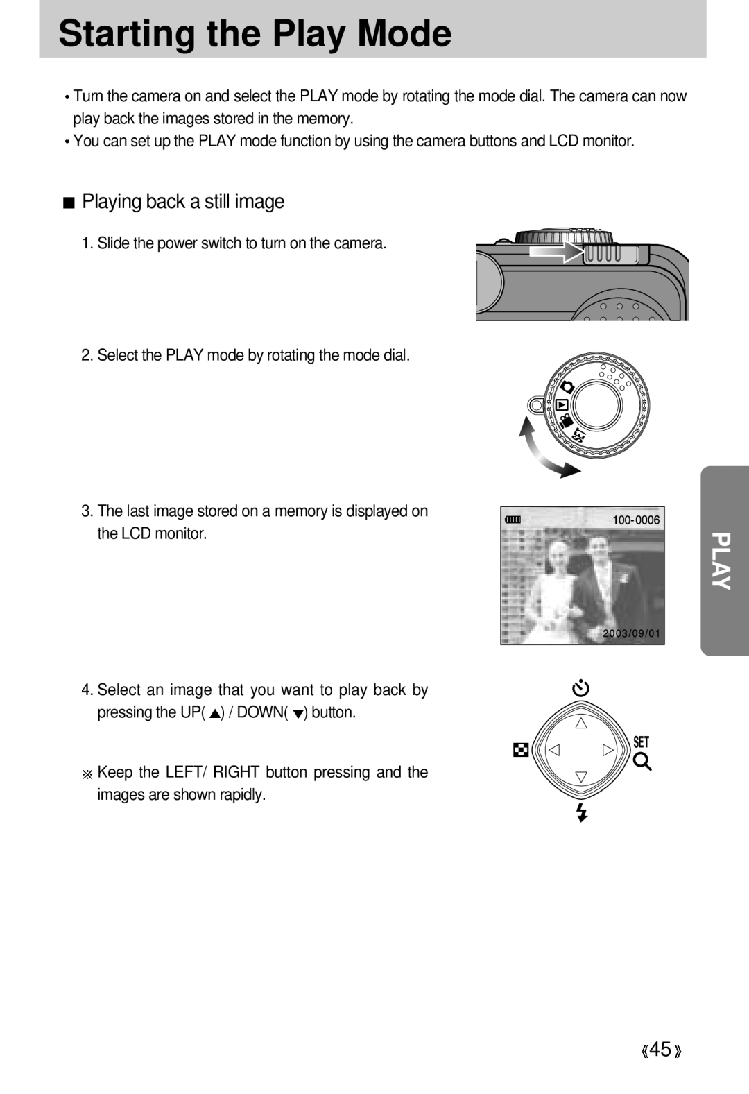 Samsung EC-D330ZSBA/E1 manual Starting the Play Mode, Playing back a still image 