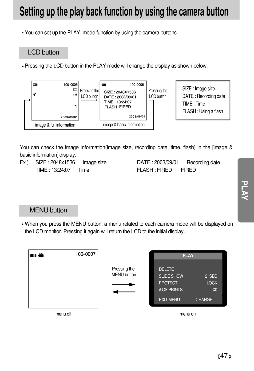 Samsung EC-D330ZSBA/E1 manual LCD button, Ex Size Image size 