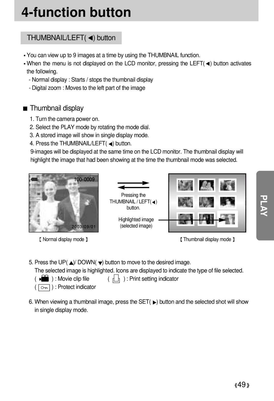 Samsung EC-D330ZSBA/E1 manual THUMBNAIL/LEFT button, Thumbnail display 