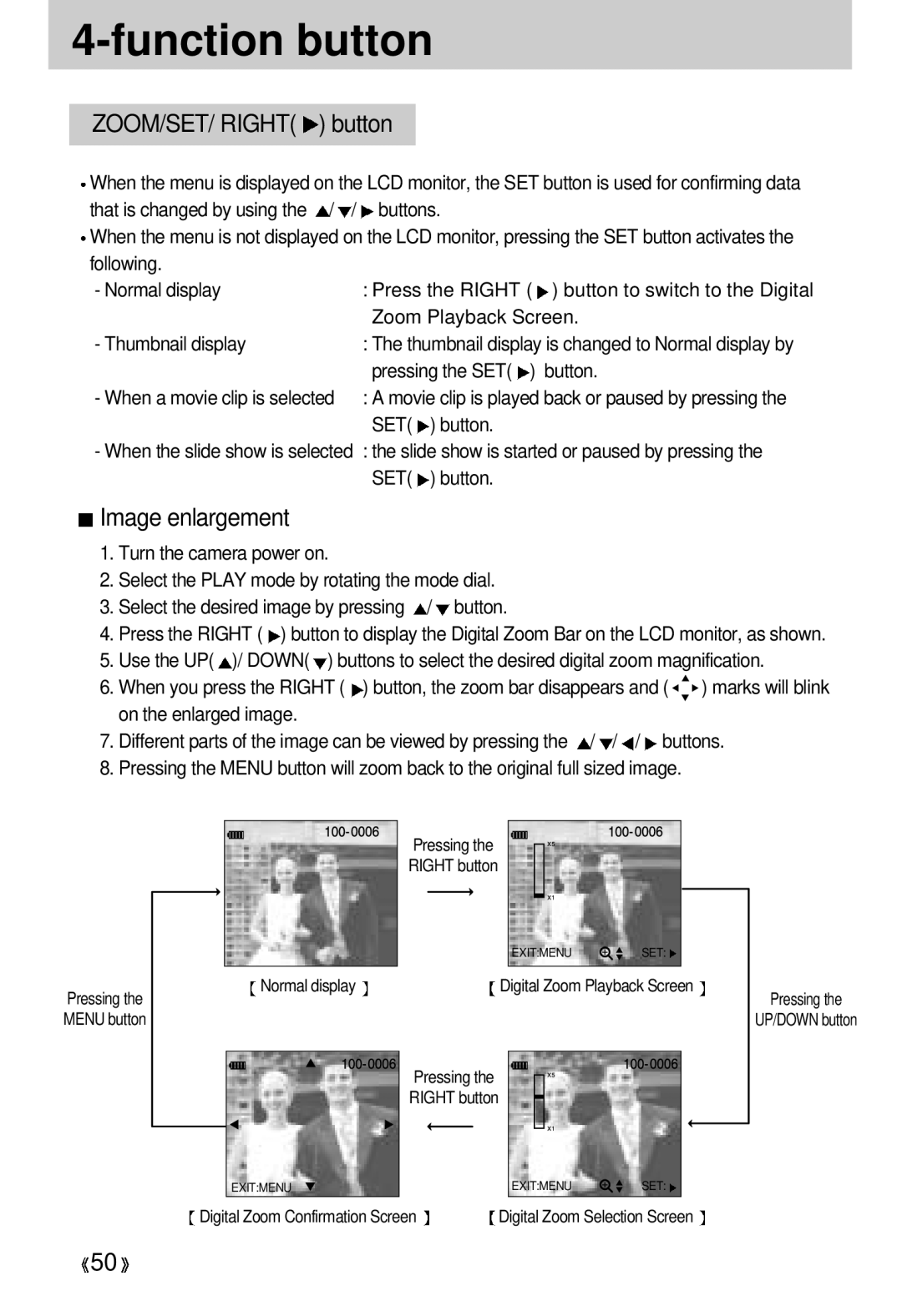 Samsung EC-D330ZSBA/E1 manual ZOOM/SET/ Right button, Image enlargement, Pressing the SET button 