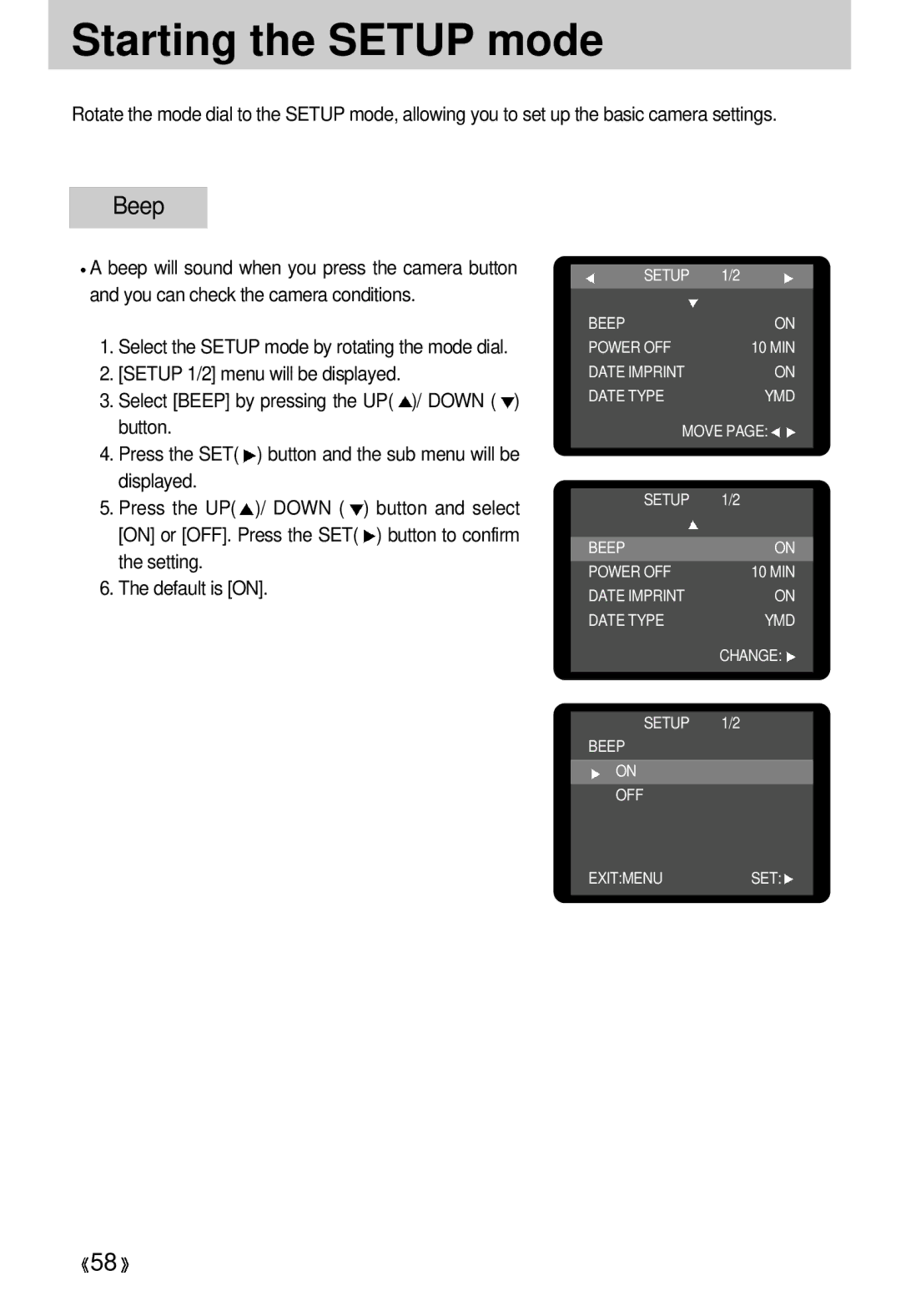 Samsung EC-D330ZSBA/E1 manual Starting the Setup mode, Beep 