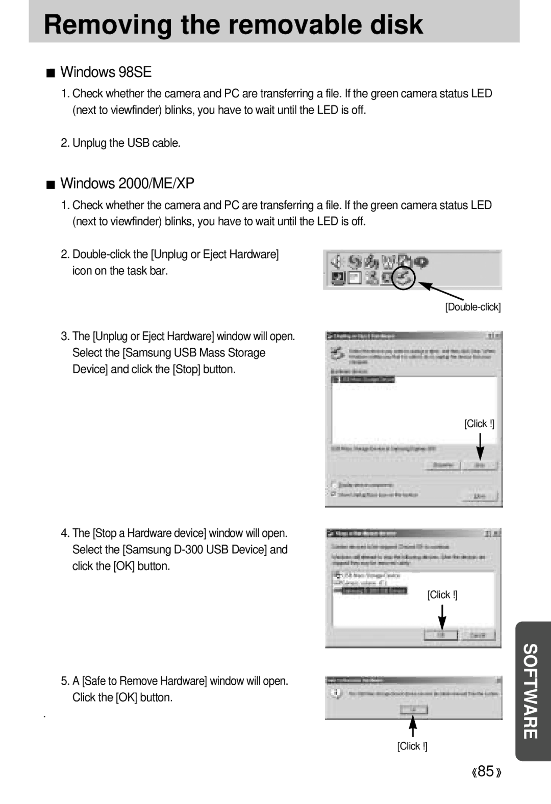 Samsung EC-D330ZSBA/E1 manual Removing the removable disk, Windows 98SE, Windows 2000/ME/XP 