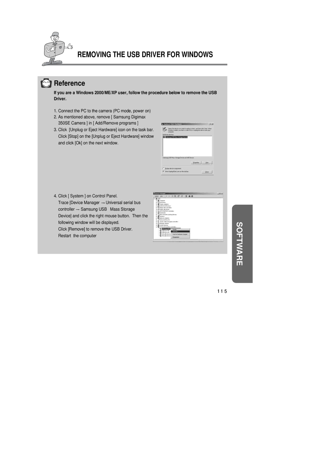 Samsung EC-D350SABA/E1, EC-D350SABA/US, EC-D350SABA/GB manual Removing the USB Driver for Windows 