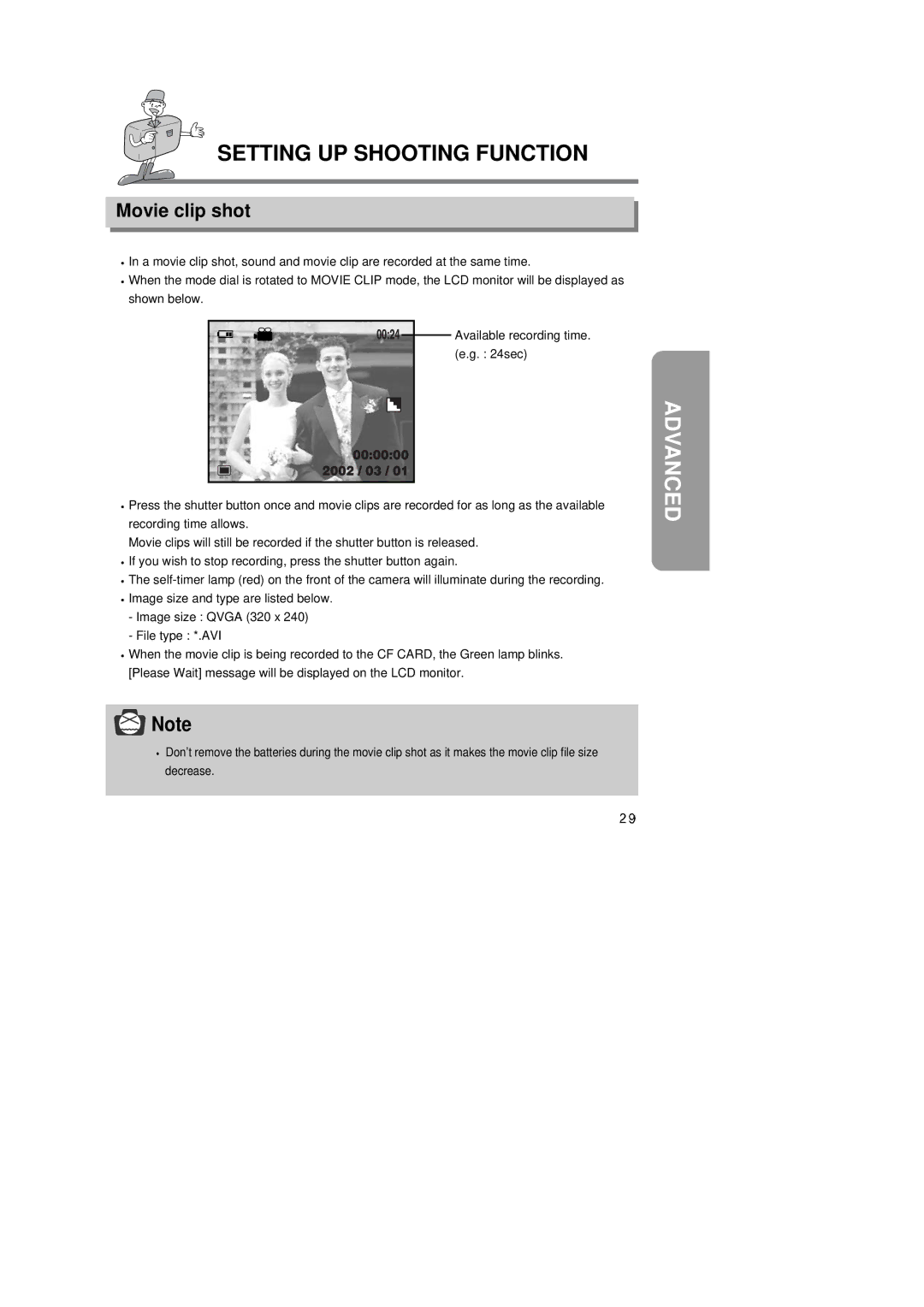 Samsung EC-D350SABA/GB, EC-D350SABA/US, EC-D350SABA/E1 manual Setting UP Shooting Function, Movie clip shot 