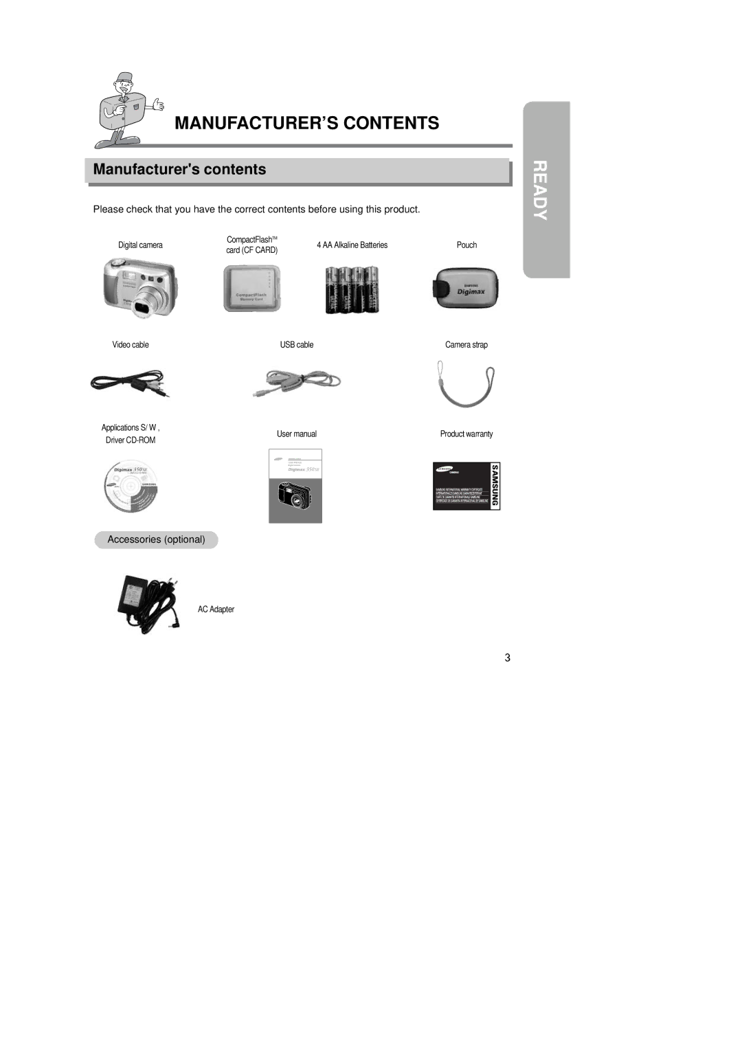 Samsung EC-D350SABA/US, EC-D350SABA/E1, EC-D350SABA/GB manual MANUFACTURER’S Contents, Ready 