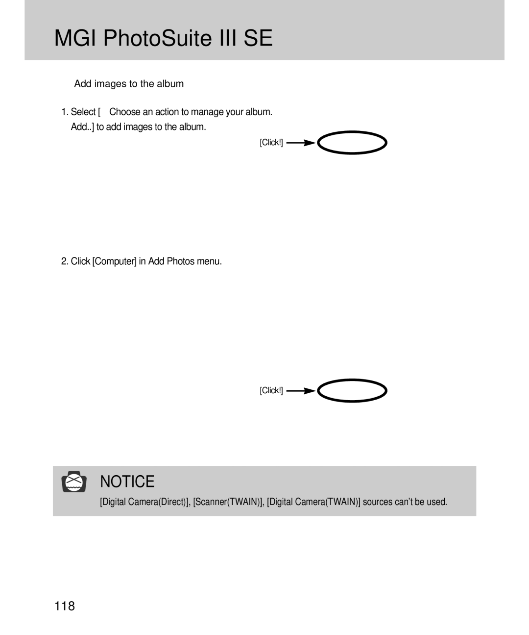 Samsung EC-D360ZSAA, EC-D360ZSBA/E1 manual 118, Click Computer in Add Photos menu 