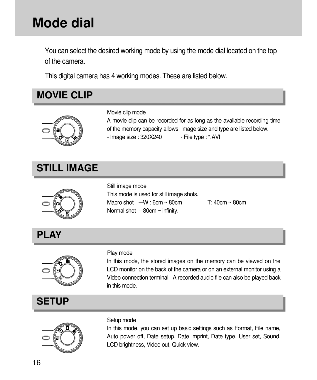 Samsung EC-D360ZSAA, EC-D360ZSBA/E1 manual Mode dial, Movie clip mode, Image size 