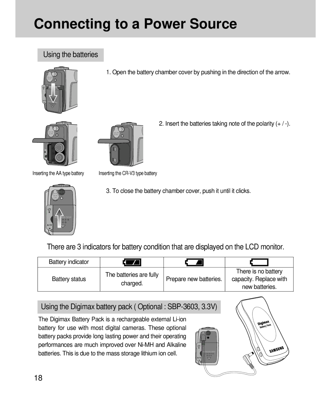 Samsung EC-D360ZSAA manual Using the batteries, Using the Digimax battery pack Optional SBP-3603, Prepare new batteries 