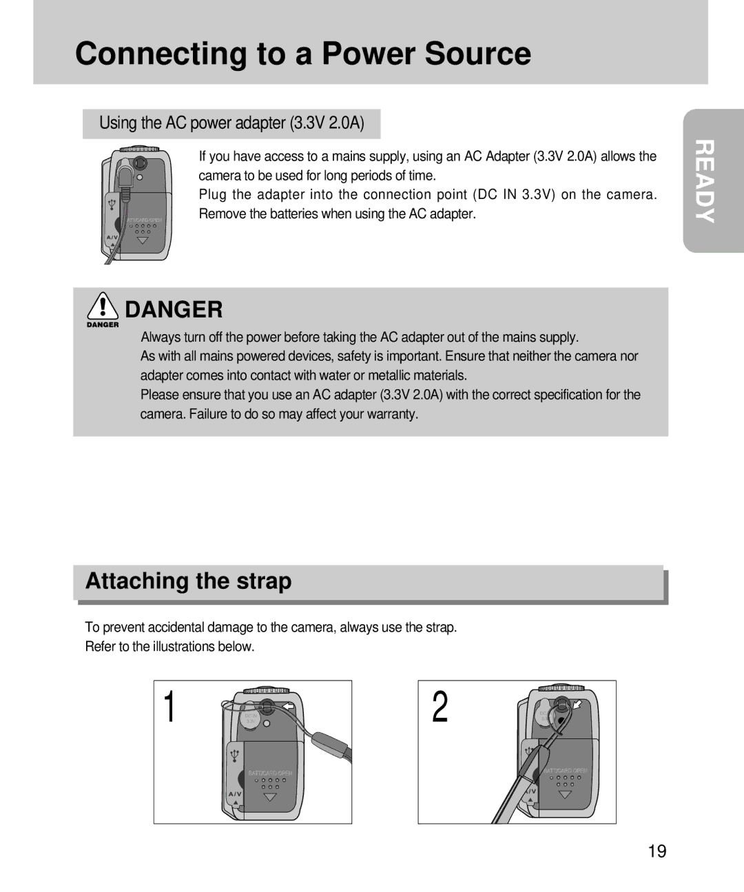 Samsung EC-D360ZSBA/E1, EC-D360ZSAA manual Attaching the strap, Using the AC power adapter 3.3V 2.0A 