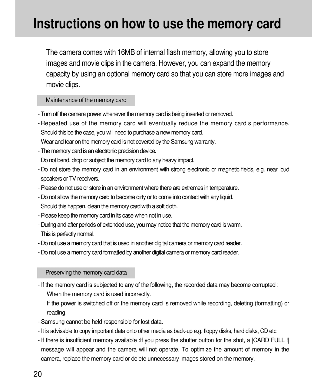 Samsung EC-D360ZSAA, EC-D360ZSBA/E1 manual Instructions on how to use the memory card 