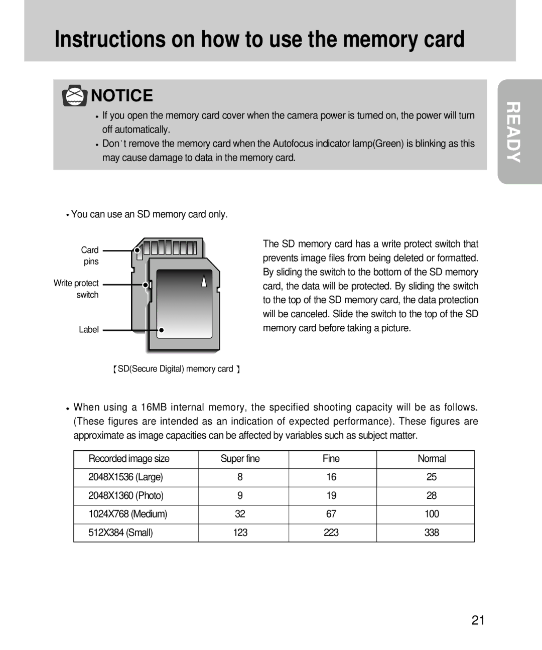 Samsung EC-D360ZSBA/E1, EC-D360ZSAA You can use an SD memory card only, Recorded image size Super fine Fine Normal, Large 