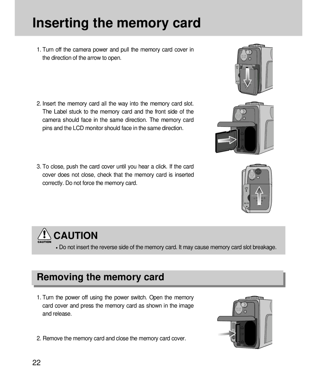 Samsung EC-D360ZSAA, EC-D360ZSBA/E1 manual Inserting the memory card, Removing the memory card 