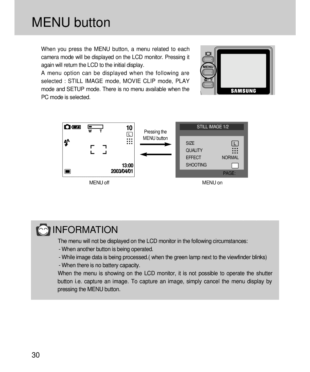 Samsung EC-D360ZSAA, EC-D360ZSBA/E1 manual Menu button 