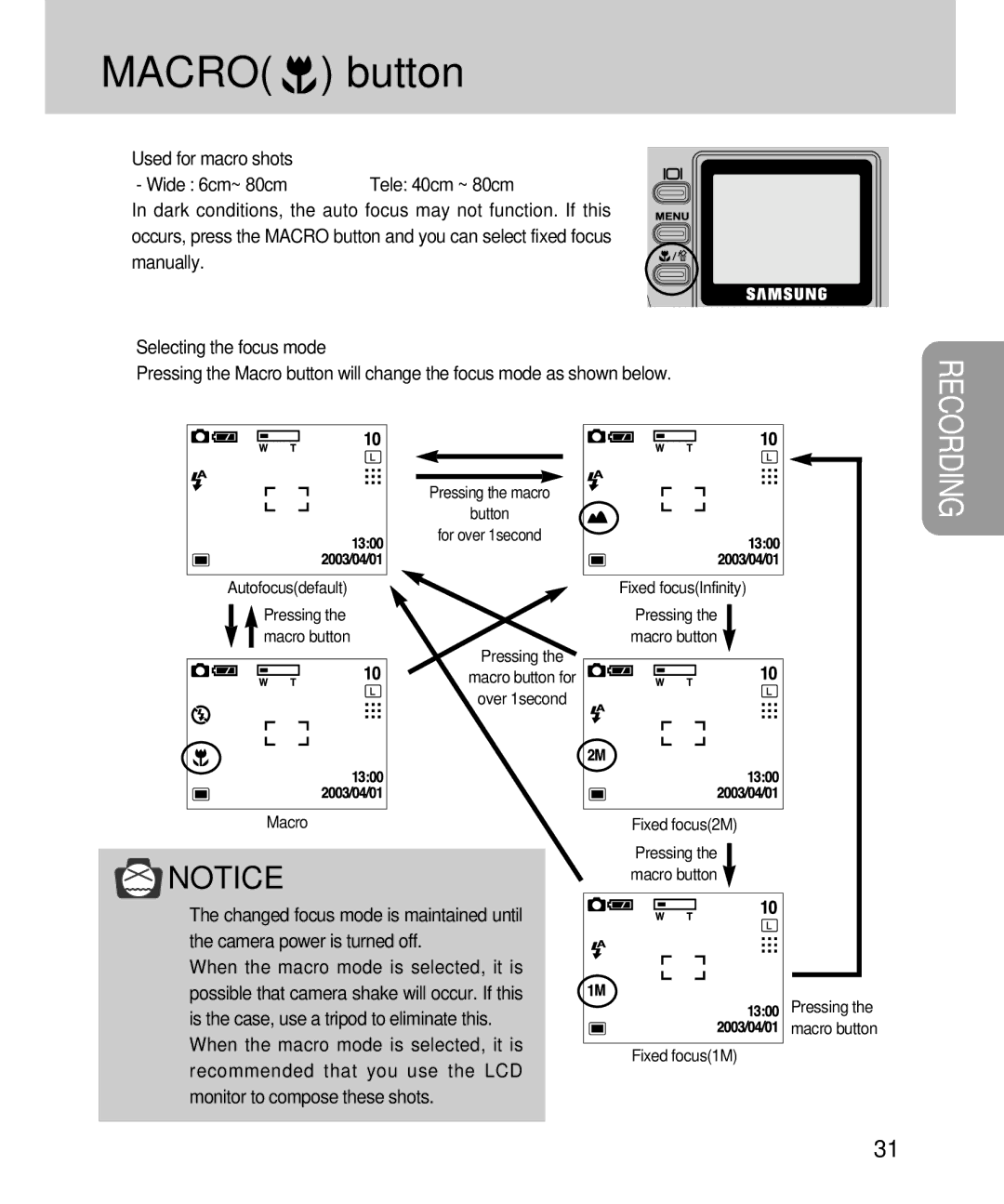 Samsung EC-D360ZSBA/E1, EC-D360ZSAA manual Macro button, Recording 