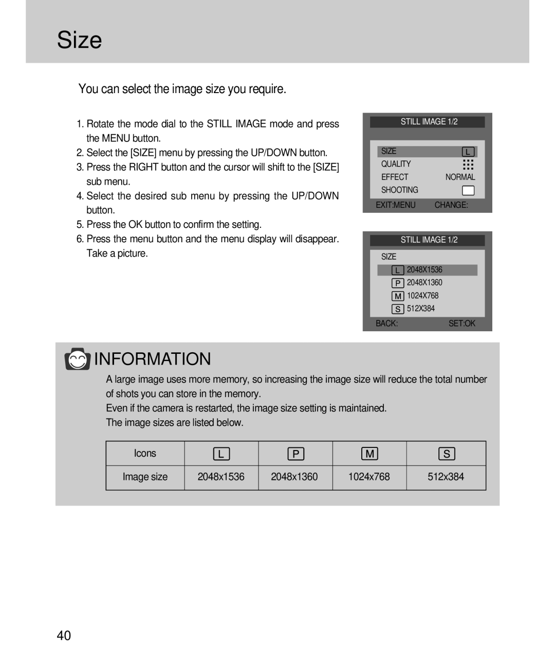 Samsung EC-D360ZSAA, EC-D360ZSBA/E1 manual Size, You can select the image size you require 