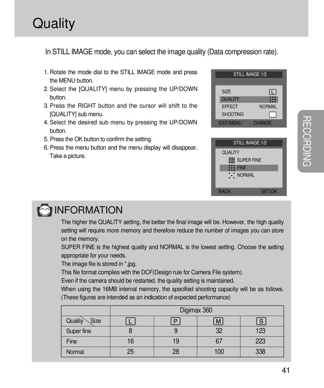 Samsung EC-D360ZSBA/E1, EC-D360ZSAA manual Quality Size Super fine 