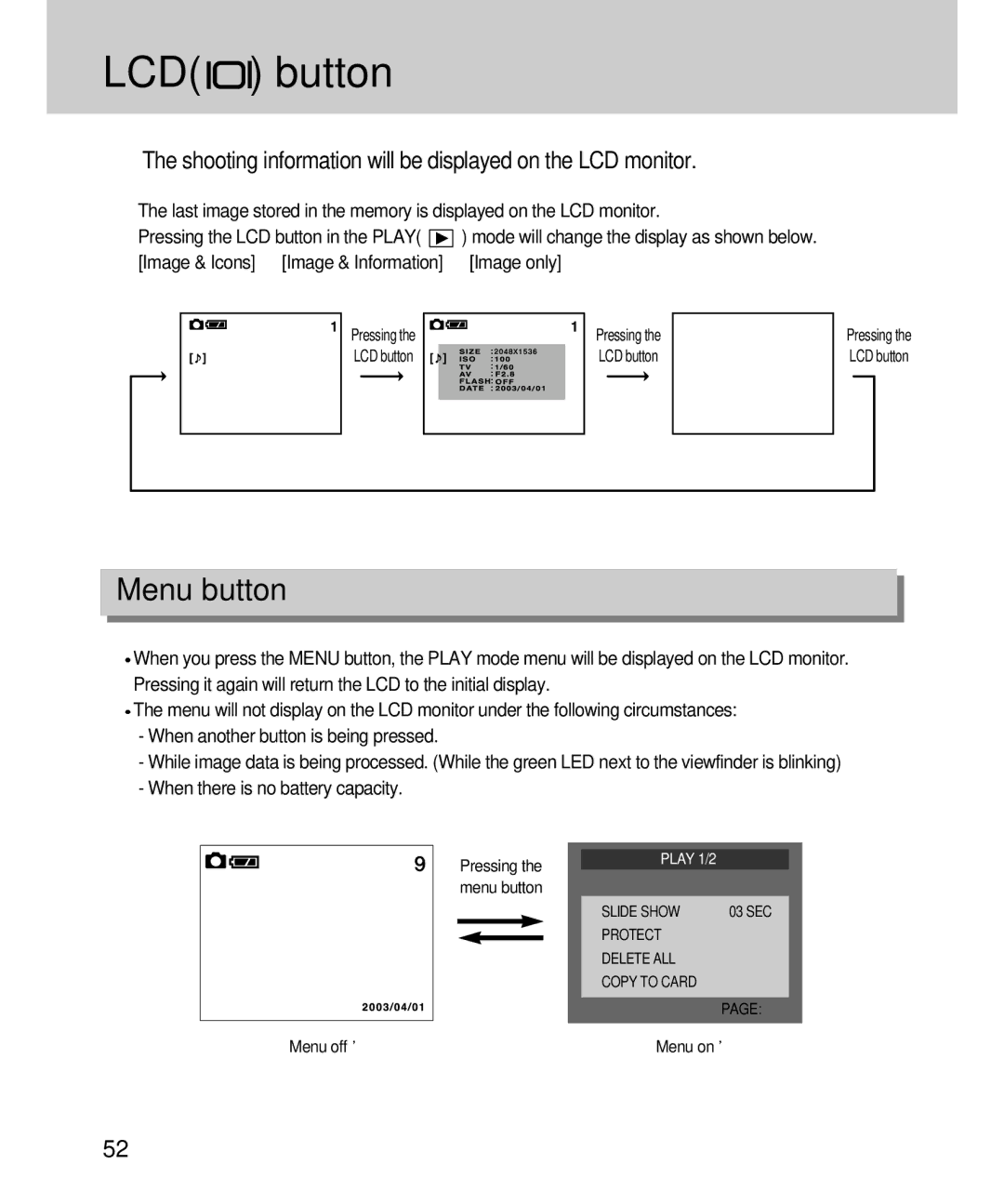 Samsung EC-D360ZSAA, EC-D360ZSBA/E1 manual Menu button, Shooting information will be displayed on the LCD monitor 