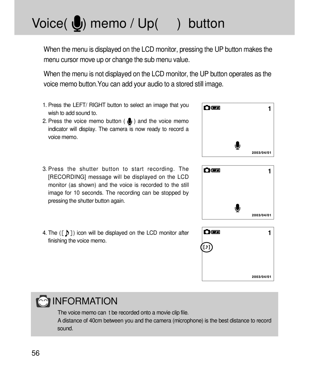 Samsung EC-D360ZSAA, EC-D360ZSBA/E1 manual Voice memo / Up button 