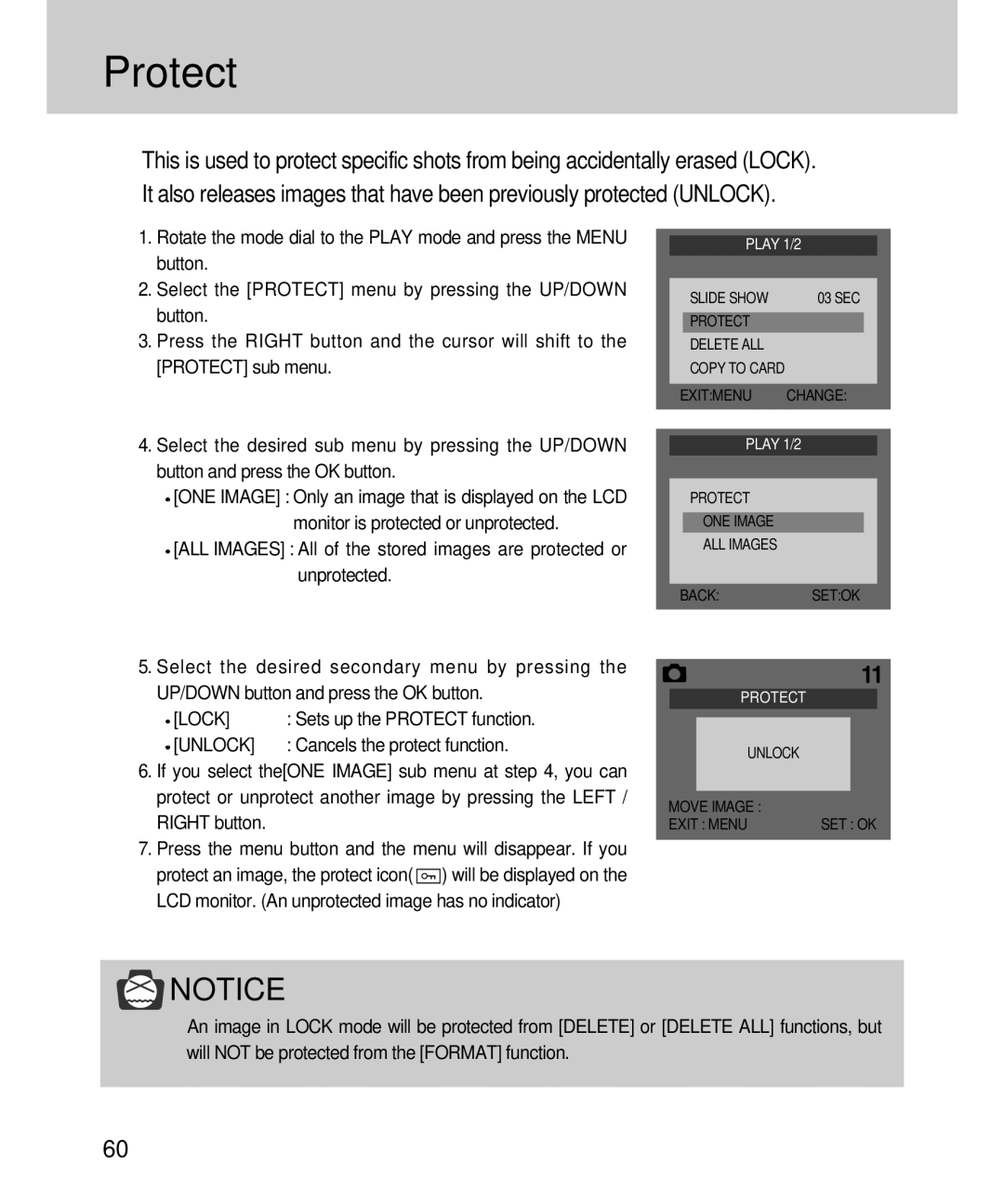 Samsung EC-D360ZSAA, EC-D360ZSBA/E1 manual Protect, Lock, Unlock 