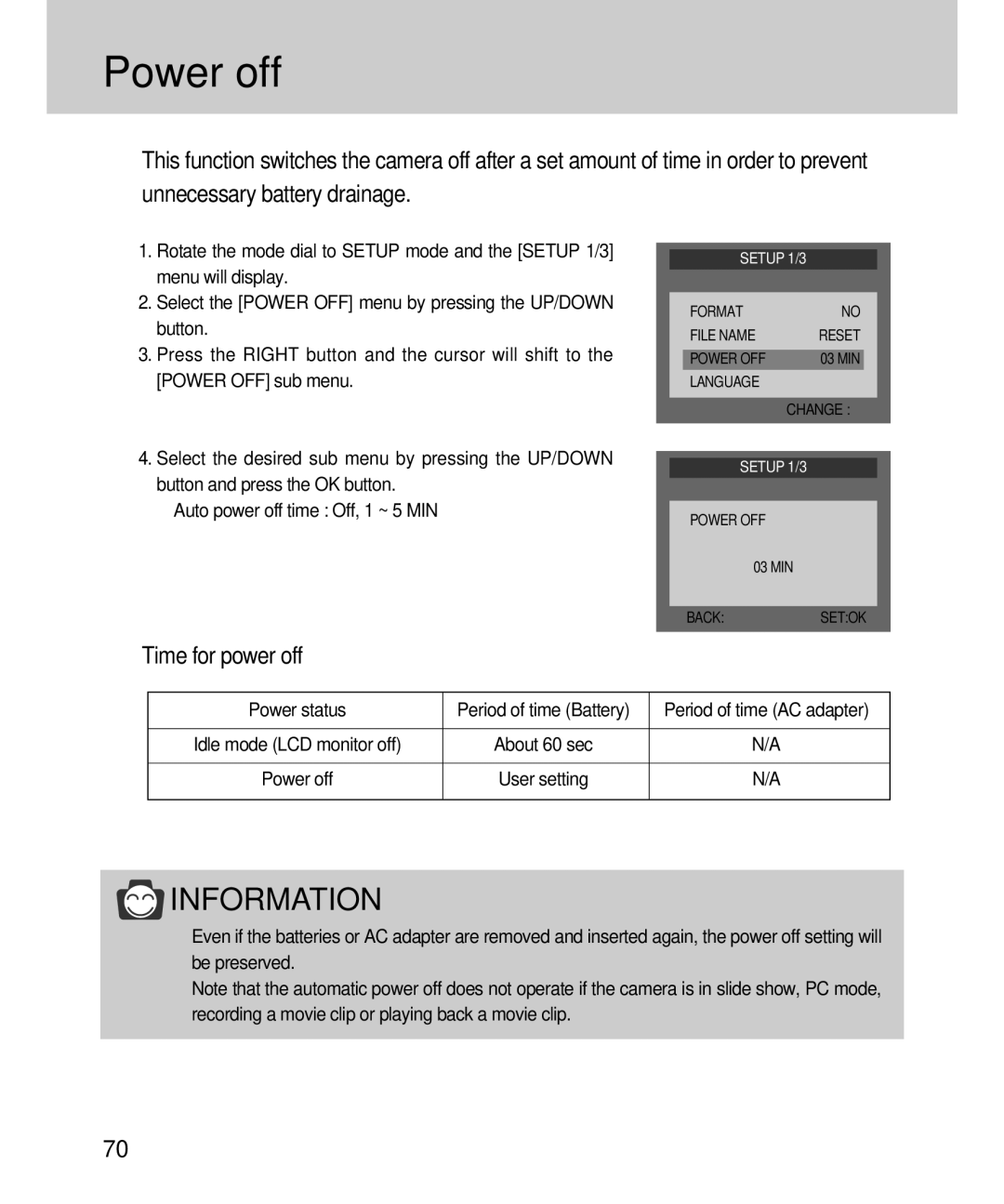 Samsung EC-D360ZSAA, EC-D360ZSBA/E1 manual Power off, Time for power off 