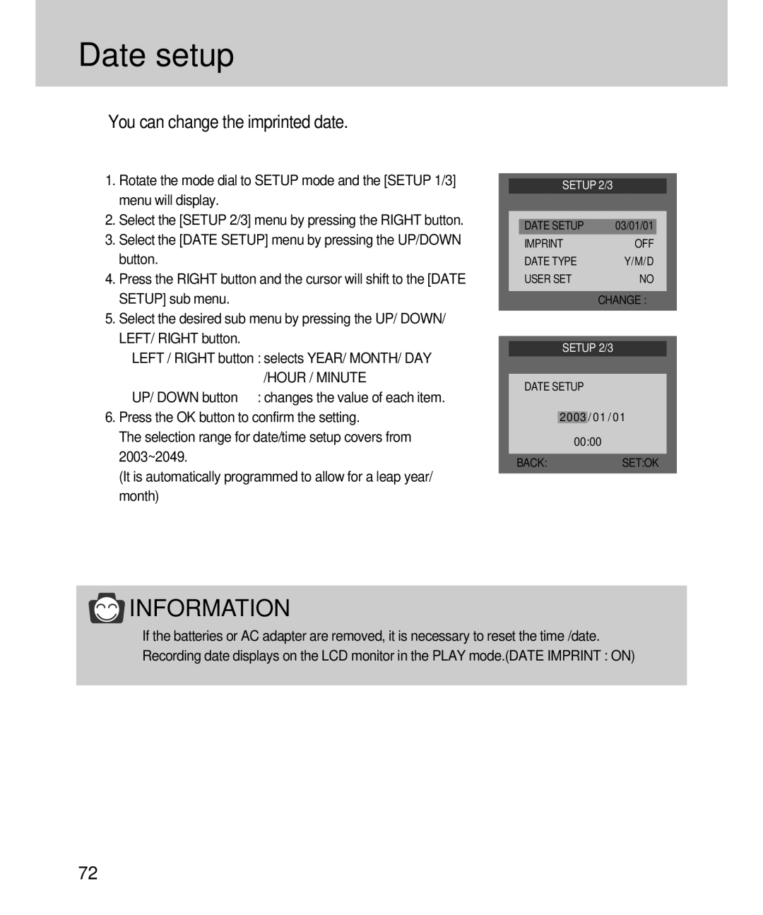 Samsung EC-D360ZSAA, EC-D360ZSBA/E1 manual Date setup, You can change the imprinted date, Hour / Minute 