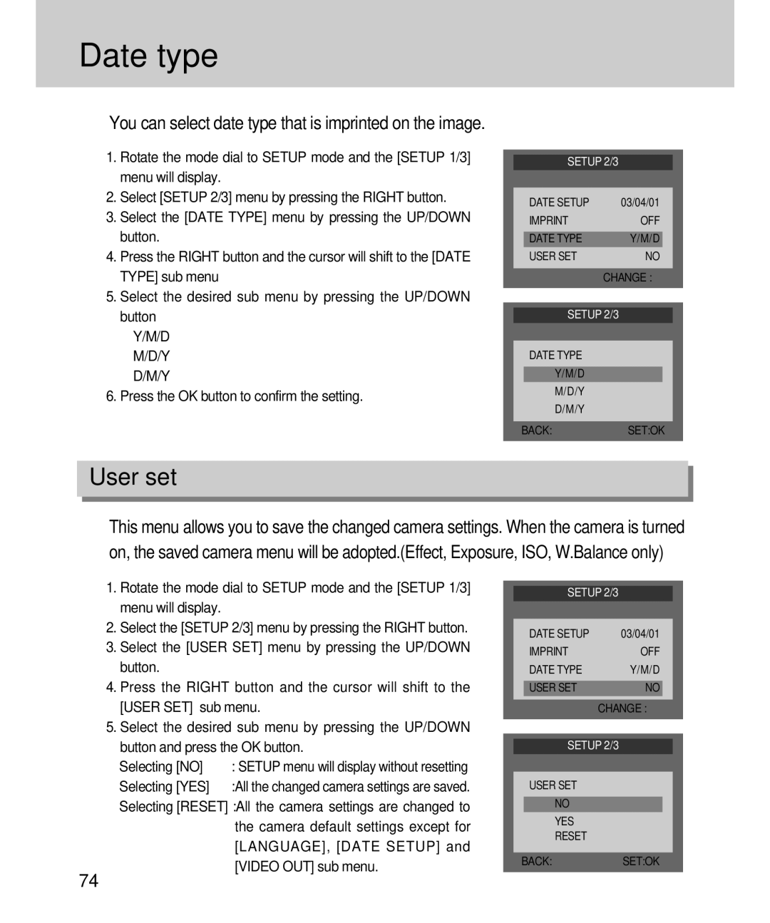 Samsung EC-D360ZSAA, EC-D360ZSBA/E1 manual Date type, User set, Selecting YES 