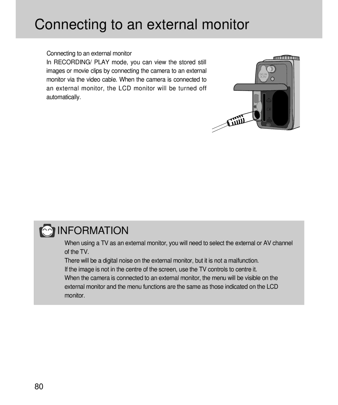 Samsung EC-D360ZSAA, EC-D360ZSBA/E1 manual Connecting to an external monitor 