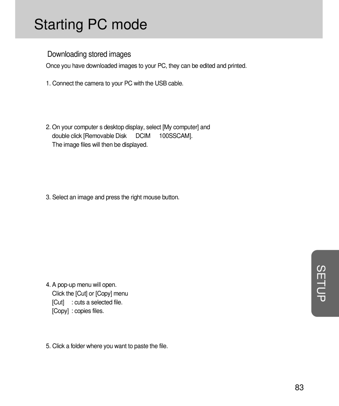 Samsung EC-D360ZSBA/E1, EC-D360ZSAA manual Downloading stored images, Select an image and press the right mouse button, Cut 