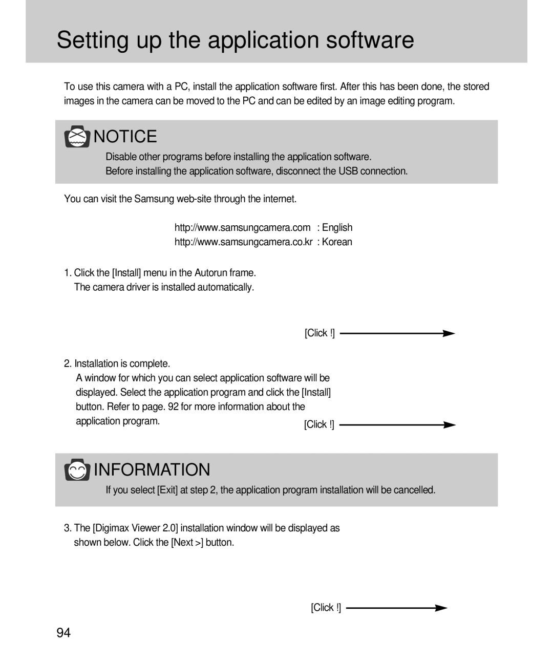 Samsung EC-D360ZSAA, EC-D360ZSBA/E1 manual Setting up the application software, Click Installation is complete 