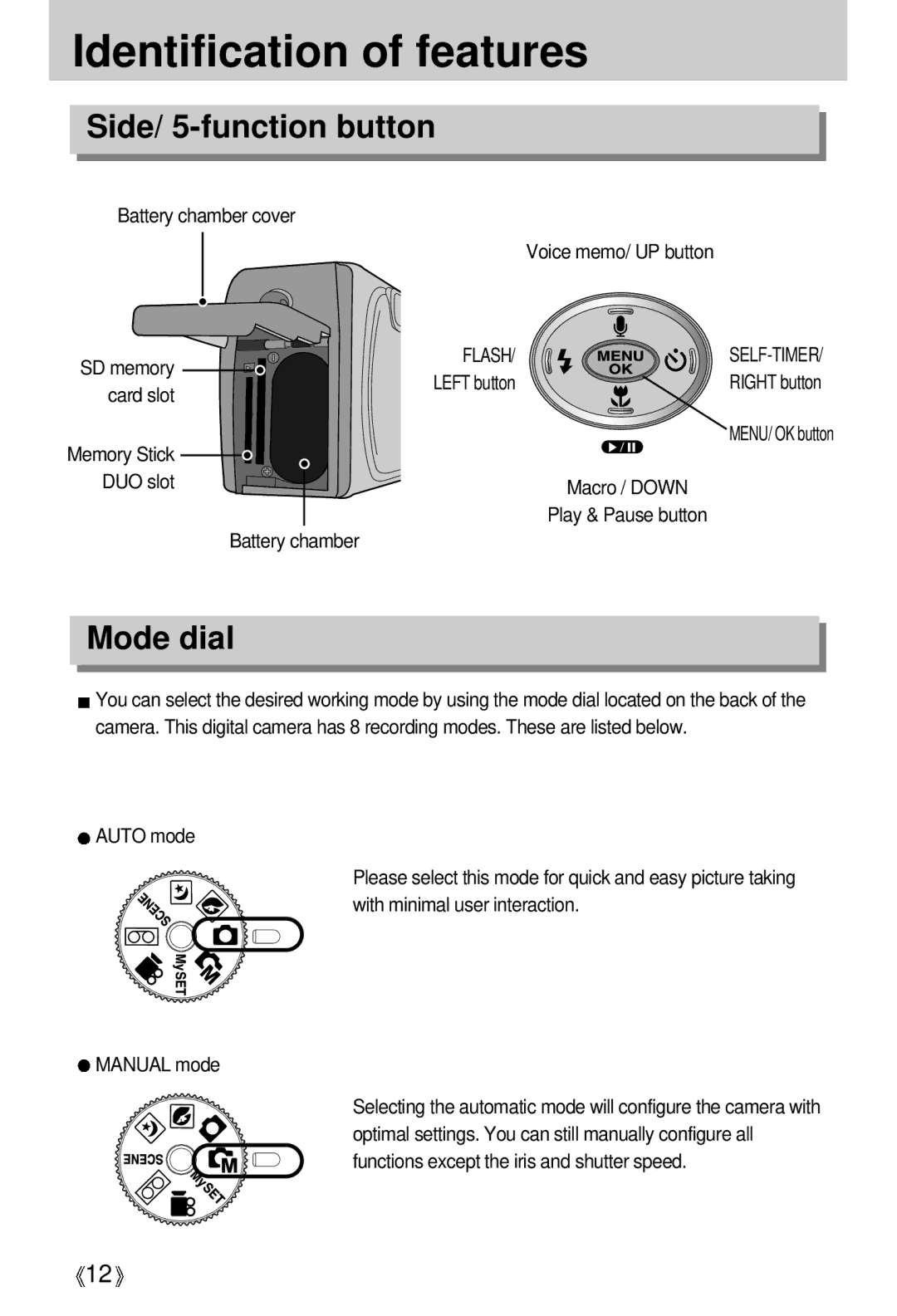 Samsung EC-D370ZSBB/GB, EC-D370ZSBA/GB, EC-D370ZSBB/E1, EC-D370ZUBA/GB, EC-D370ZSAA Side/ 5-function button, Mode dial, Flash 