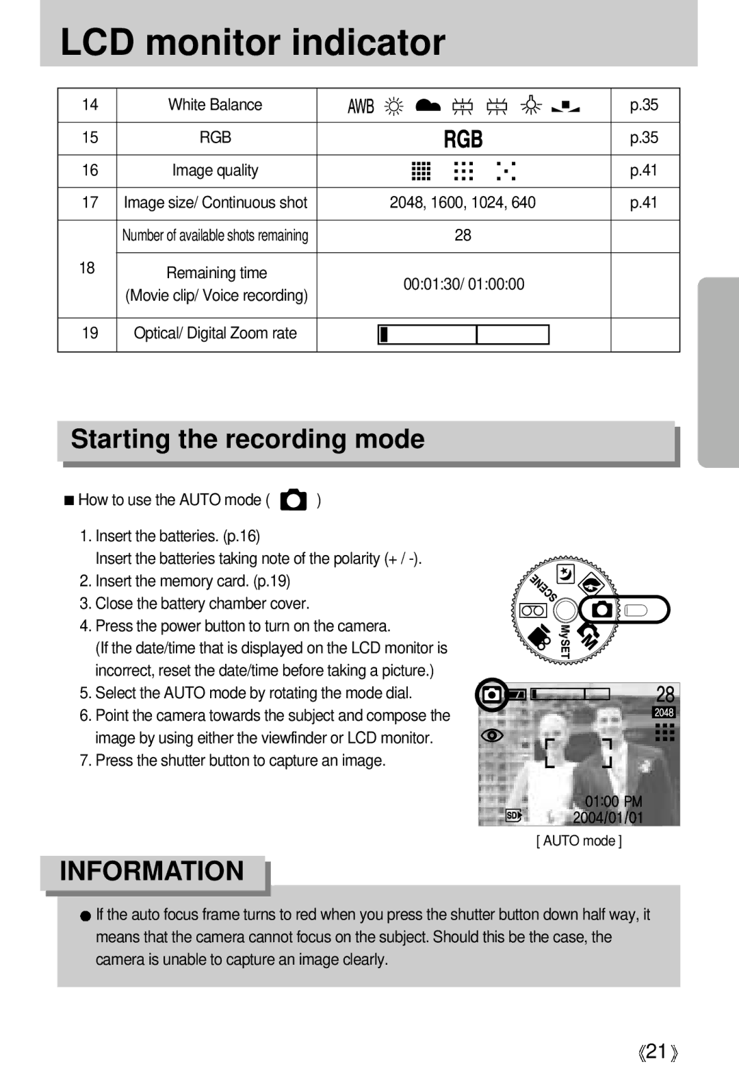 Samsung EC-D370ZSBB/E1, EC-D370ZSBA/GB, EC-D370ZSBB/GB, EC-D370ZUBA/GB, EC-D370ZSBA/FR manual Starting the recording mode, Rgb 