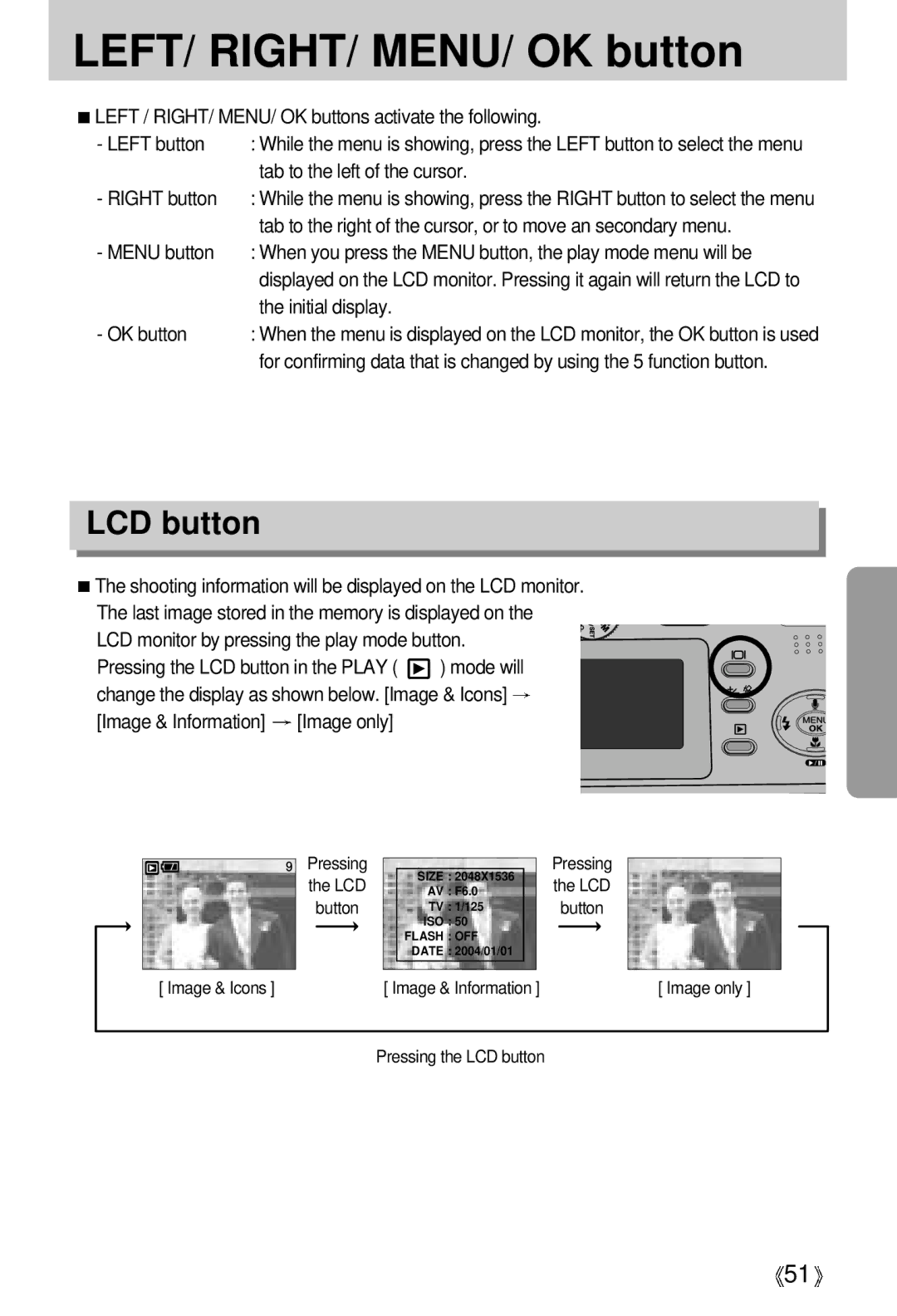 Samsung EC-D370ZSBB/E1, EC-D370ZSBA/GB, EC-D370ZSBB/GB, EC-D370ZUBA/GB, EC-D370ZSAA LEFT/ RIGHT/ MENU/ OK button, LCD button 