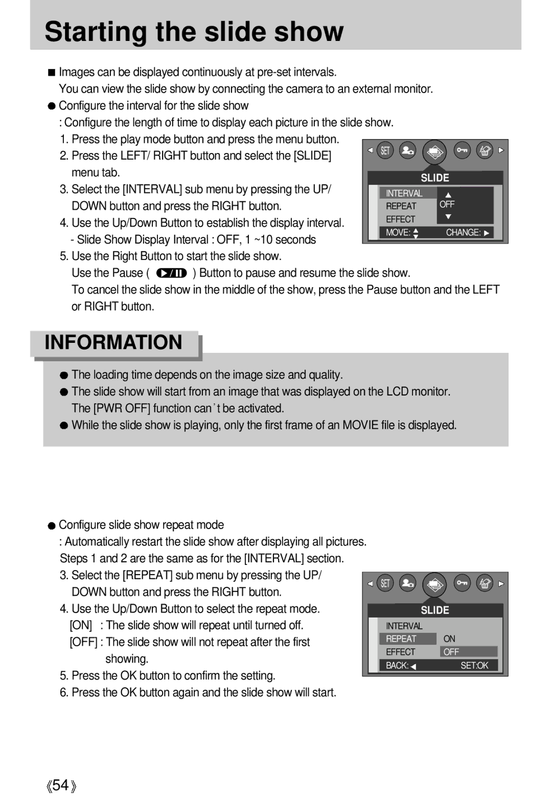 Samsung EC-D370ZSBA/FR, EC-D370ZSBA/GB manual Starting the slide show, Select the Interval sub menu by pressing the UP 