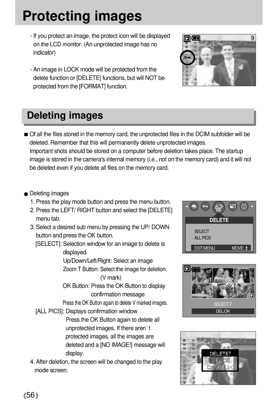 Samsung EC-D370ZSBA/DE, EC-D370ZSBA/GB, EC-D370ZSBB/E1, EC-D370ZSBB/GB, EC-D370ZSAA Protecting images, Deleting images, Mark 