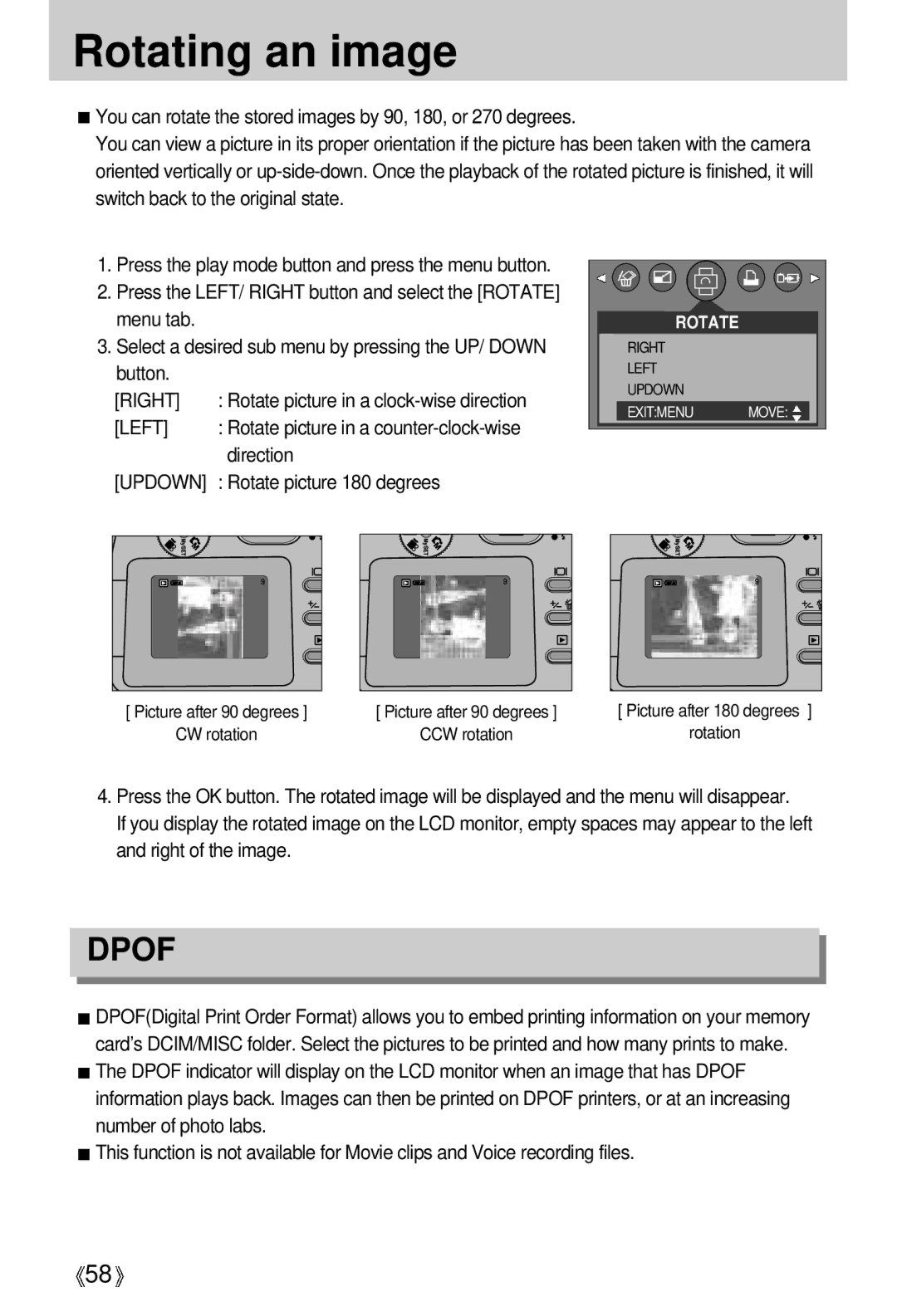 Samsung EC-D370ZSAA Rotating an image, Left, Rotate picture in a counter-clock-wise, Direction, Rotate picture 180 degrees 