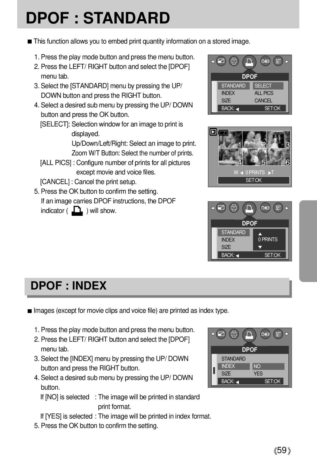 Samsung EC-D370ZSAB manual Press the LEFT/ Right button and select the Dpof menu tab, Button and press the Right button 