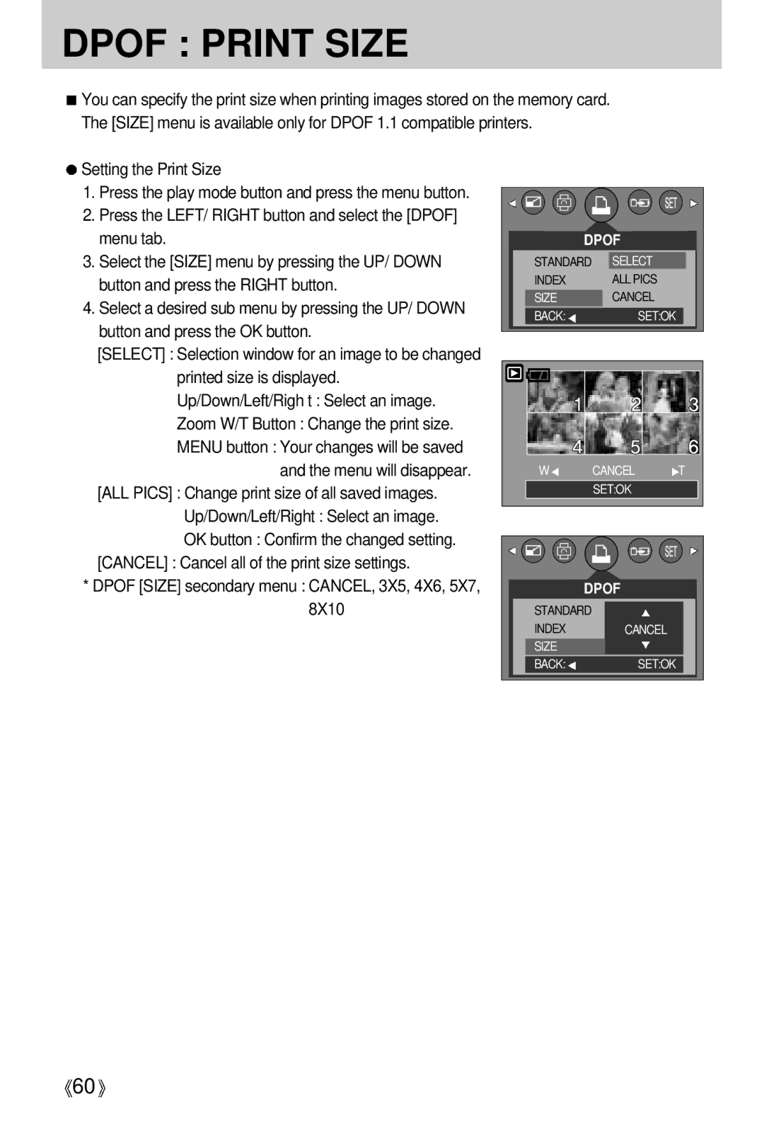 Samsung EC-D370ZSBA/GB, EC-D370ZSBB/E1, EC-D370ZSBB/GB, EC-D370ZUBA/GB, EC-D370ZSAA Dpof Print Size, Setting the Print Size 