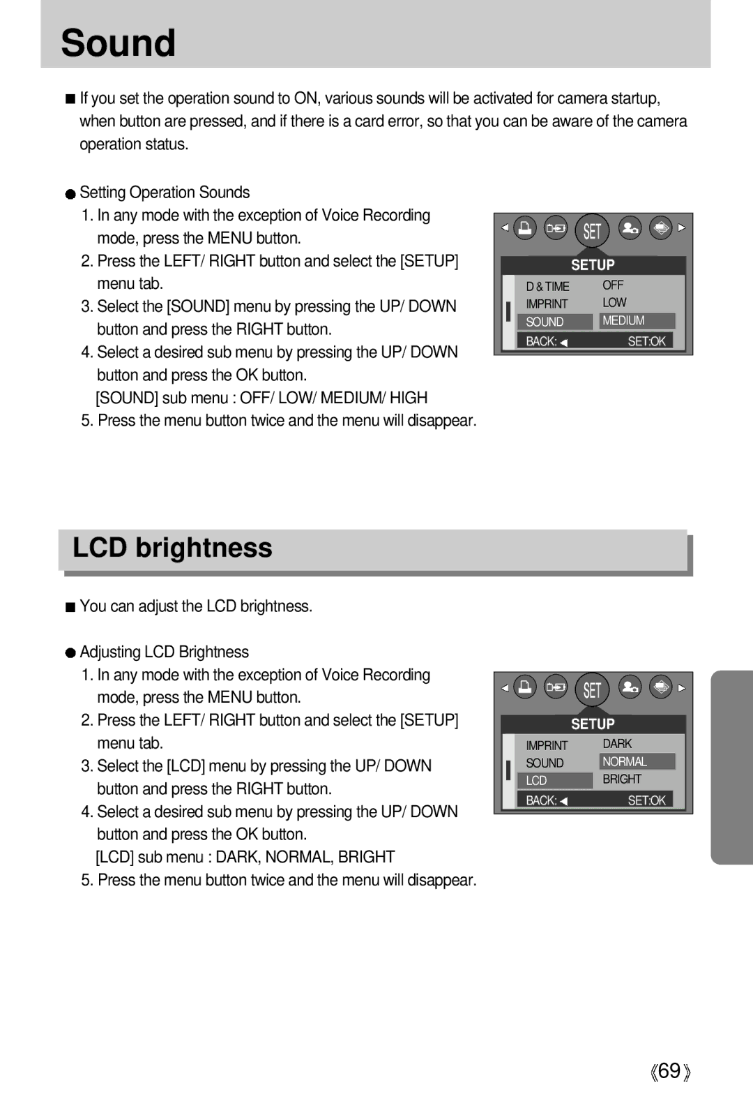 Samsung EC-D370ZSAB, EC-D370ZSBA/GB, EC-D370ZSBB/E1, EC-D370ZSBB/GB, EC-D370ZUBA/GB, EC-D370ZSBA/FR manual Sound, LCD brightness 