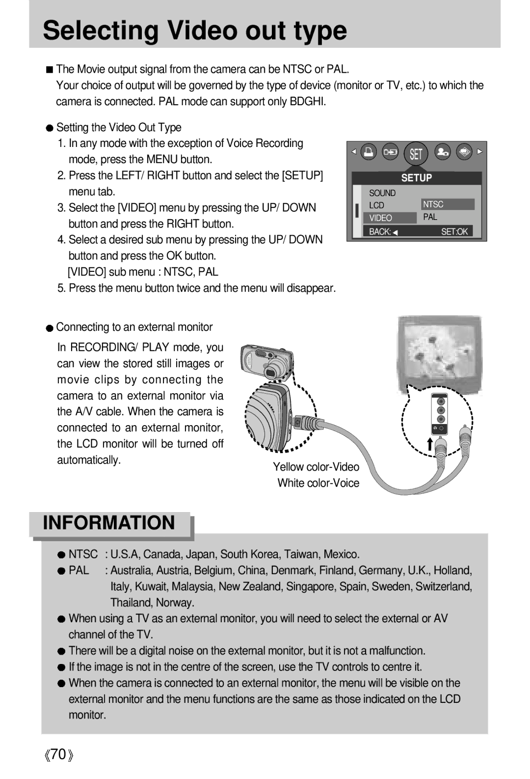 Samsung EC-D370ZSBA/GB, EC-D370ZSAA Selecting Video out type, Connecting to an external monitor, Automatically, Ntsc, Pal 