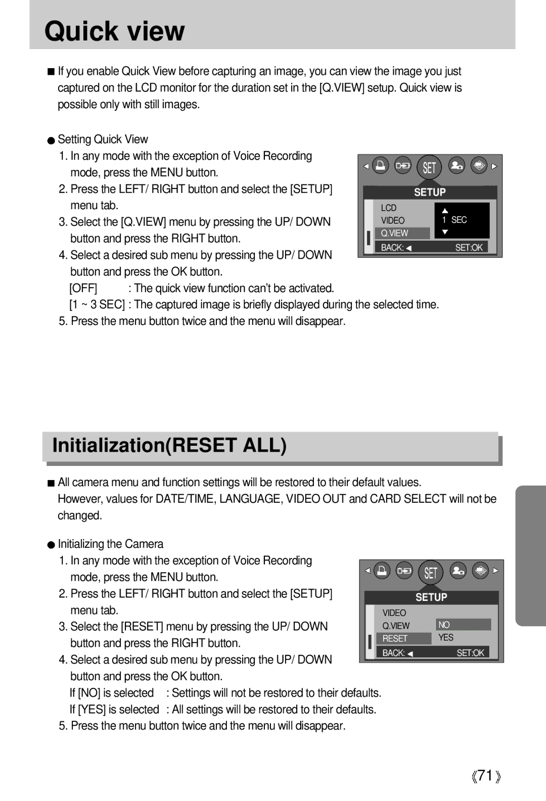 Samsung EC-D370ZSBB/E1, EC-D370ZSBA/GB Quick view, InitializationRESET ALL, Select the Reset menu by pressing the UP/ Down 