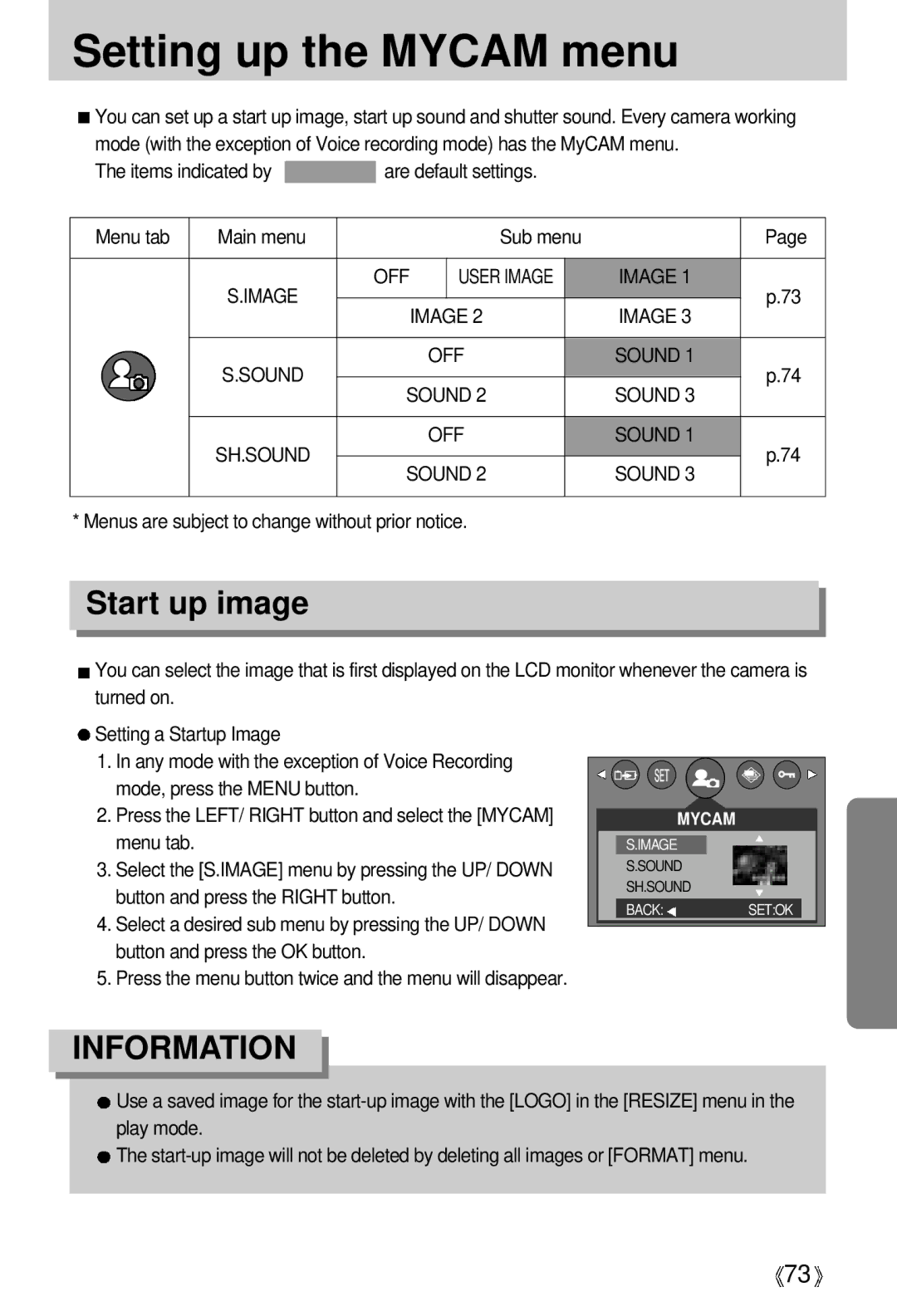 Samsung EC-D370ZUBA/GB, EC-D370ZSBA/GB, EC-D370ZSBB/E1, EC-D370ZSBB/GB, EC-D370ZSAA Setting up the Mycam menu, Start up image 