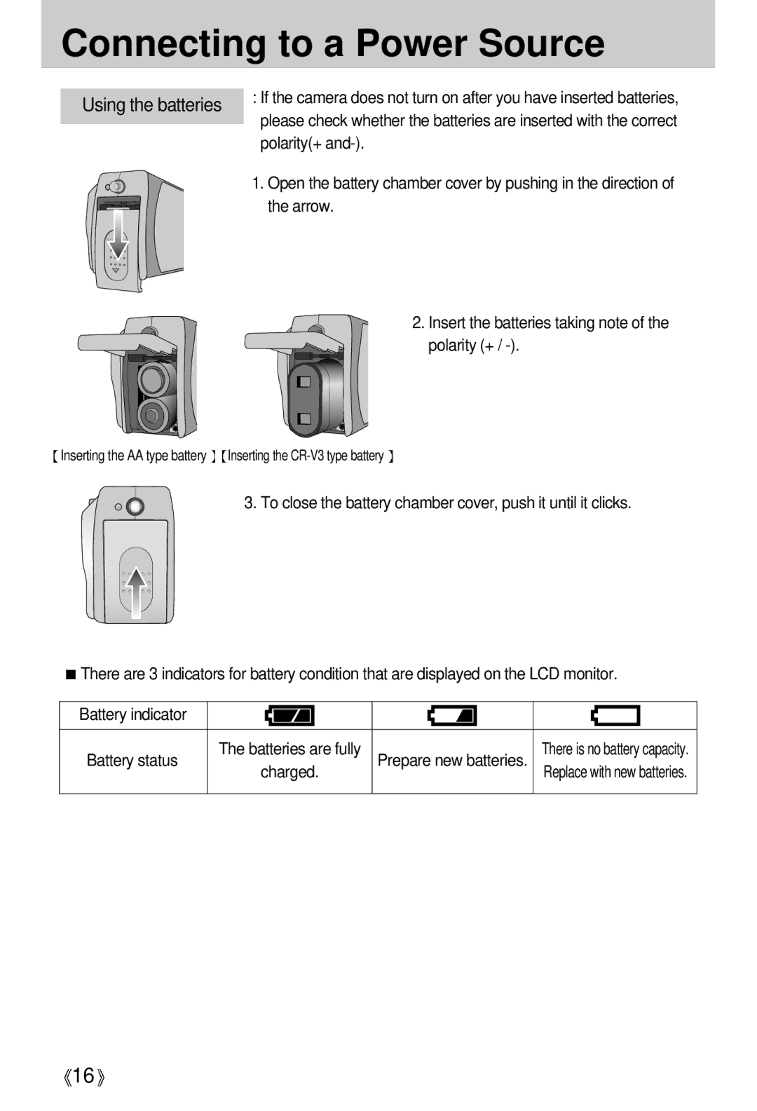 Samsung EC-D401ZSBB/E1, EC-D401ZSBA/E1 manual Polarity+, Arrow, Insert the batteries taking note of the polarity + 