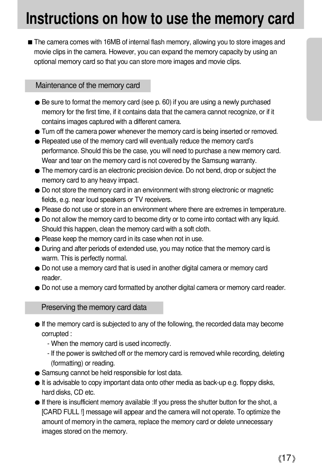 Samsung EC-D401ZSBA/E1, EC-D401ZSBB/E1 manual Instructions on how to use the memory card 