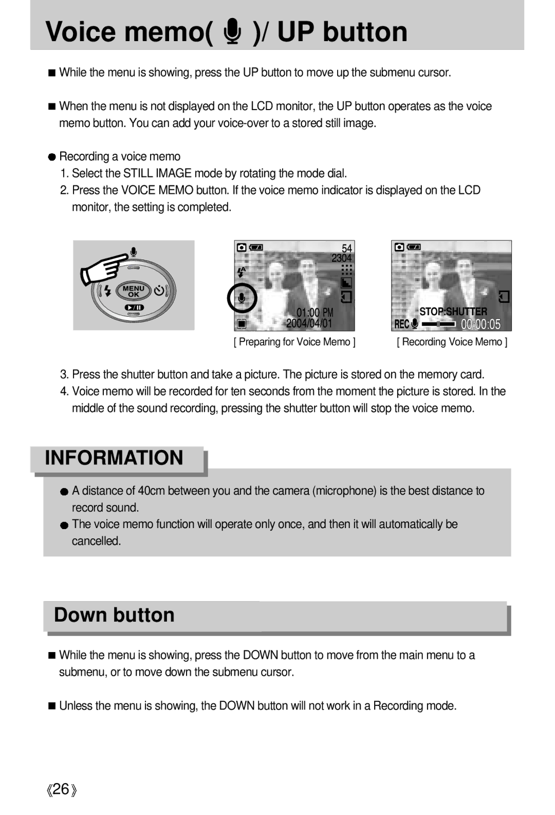 Samsung EC-D401ZSBB/E1, EC-D401ZSBA/E1 manual Voice memo / UP button, Down button 