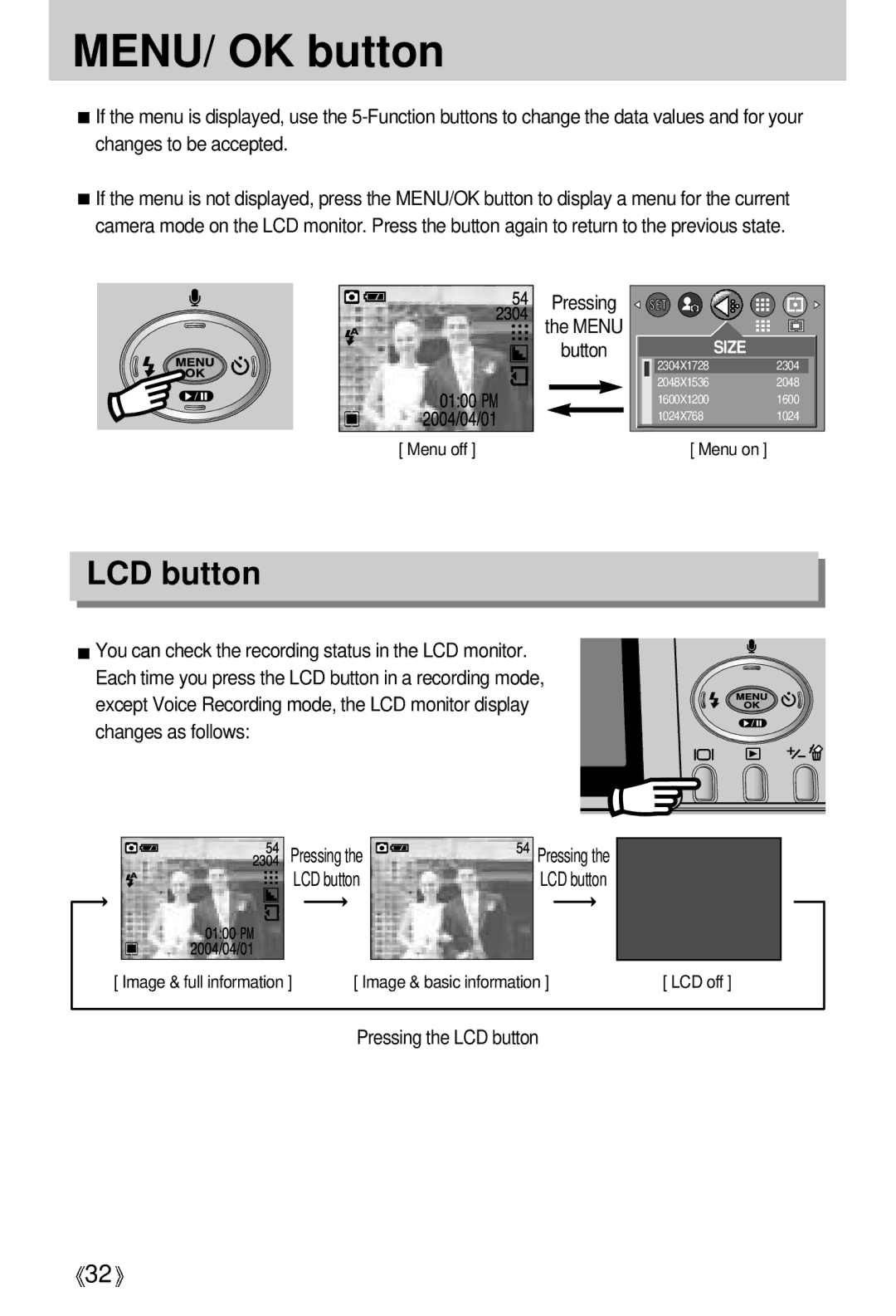 Samsung EC-D401ZSBB/E1, EC-D401ZSBA/E1 manual MENU/ OK button, Pressing Menu Button, Pressing the LCD button 