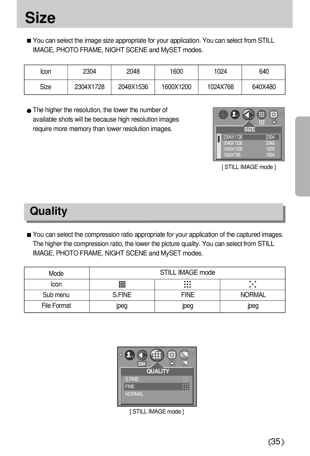 Samsung EC-D401ZSBA/E1, EC-D401ZSBB/E1 manual Size, Quality, Mode Still Image mode Icon 