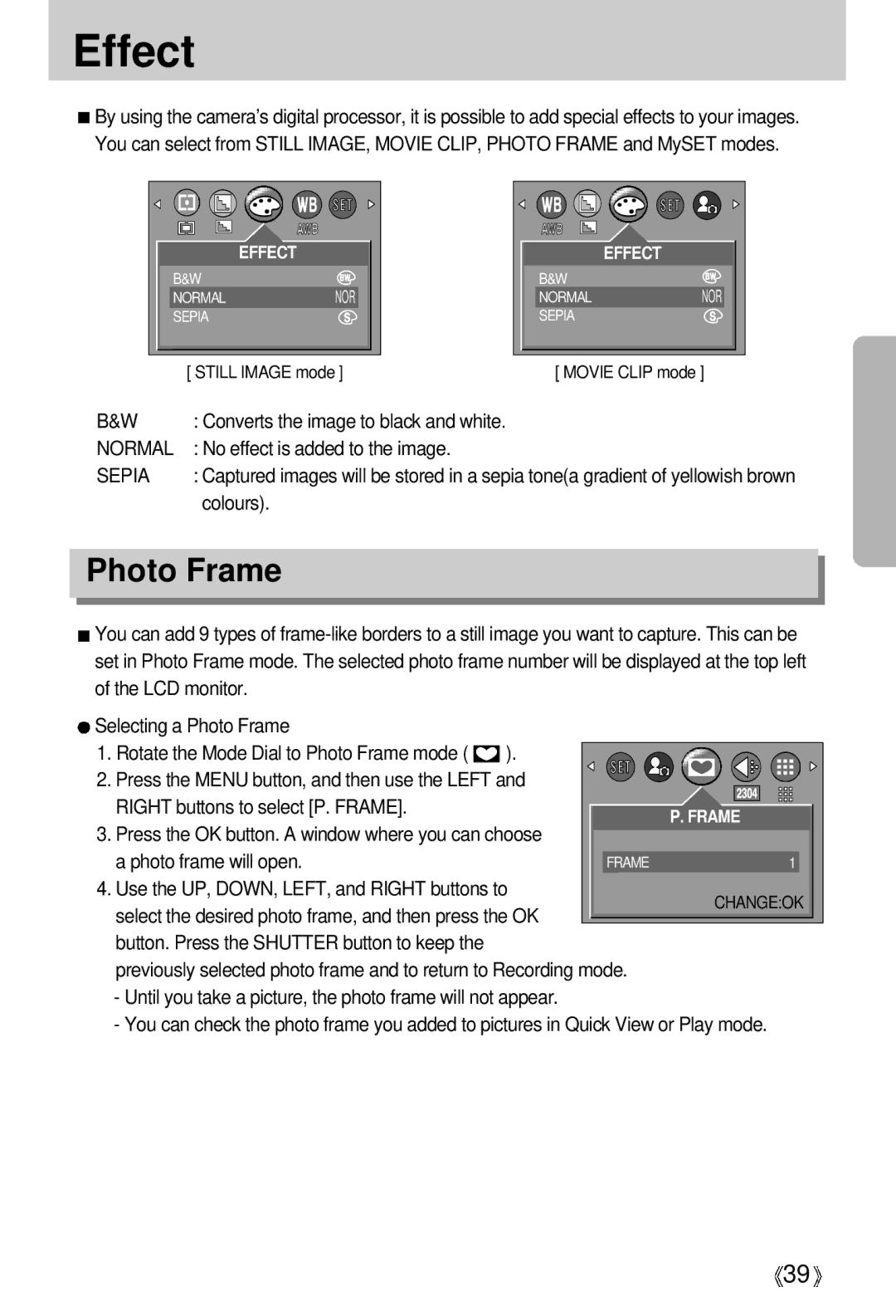 Samsung EC-D401ZSBA/E1, EC-D401ZSBB/E1 manual Effect, Photo Frame, Sepia 