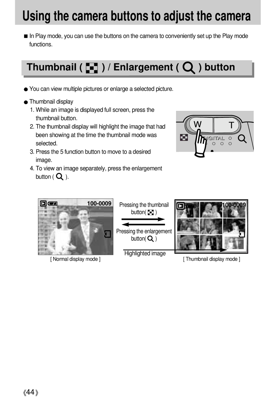 Samsung EC-D401ZSBB/E1, EC-D401ZSBA/E1 manual Thumbnail / Enlargement button, Button Highlighted image 